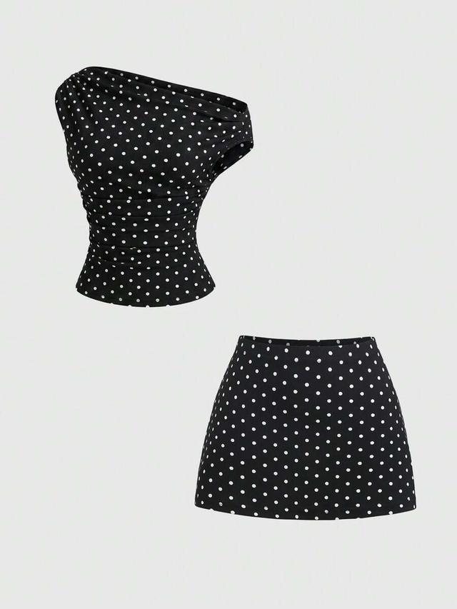 black and white polka dot cinched waist mini skirt