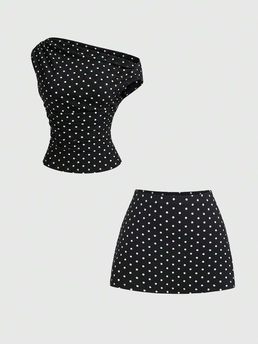 black and white polka dot cinched waist mini skirt
