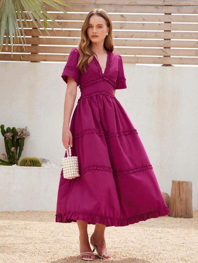 magenta v-neck tiered dress with flounce trim