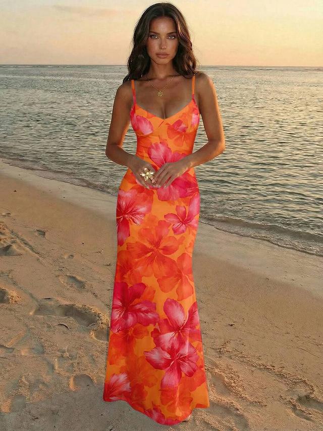 orange and pink floral print maxi slip dress