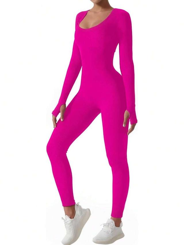 hot pink seamless long-sleeve athletic yoga bodysuit