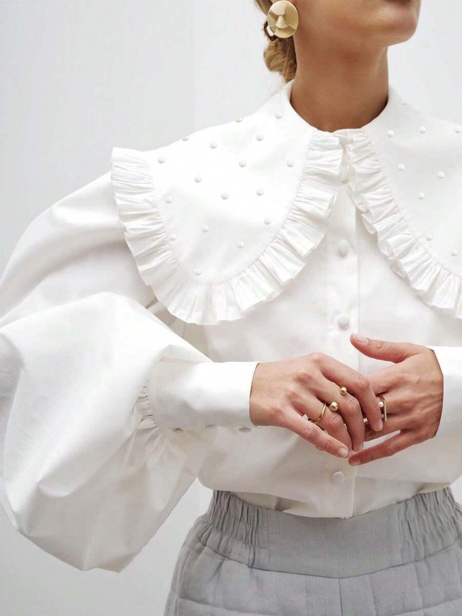 elegant white cotton peter pan collar bishop sleeve blouse