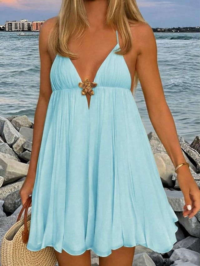 light blue backless halter mini beach dress