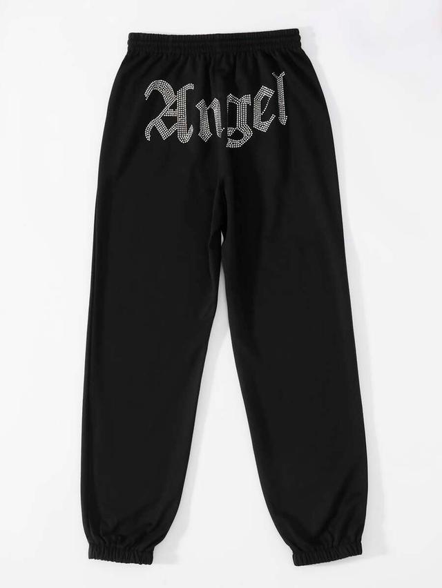 black rhinestone letter pattern drawstring waist sweatpants