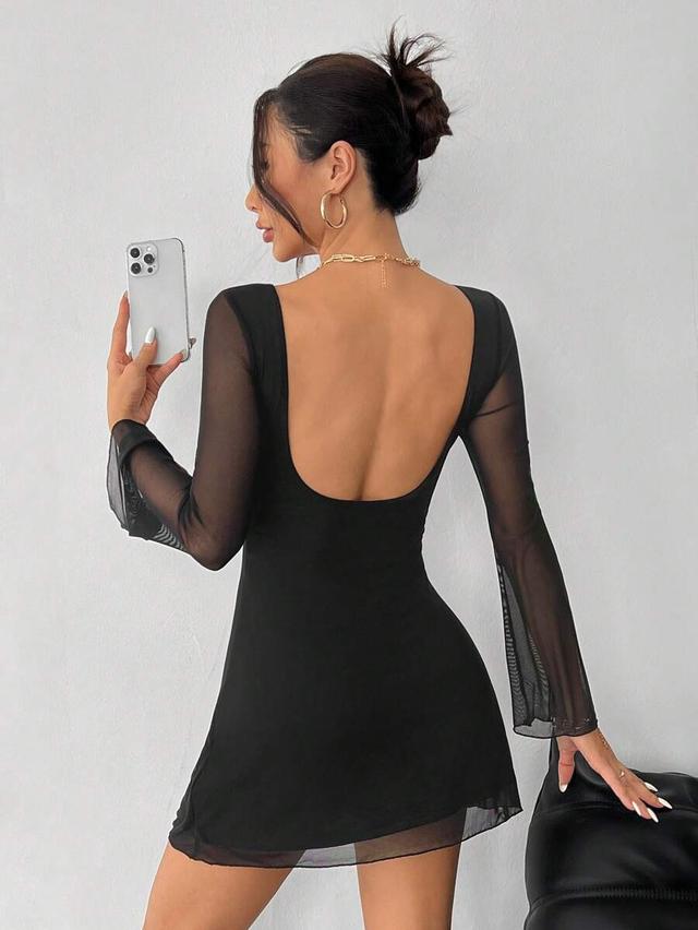 black backless mesh trumpet sleeve mini dress