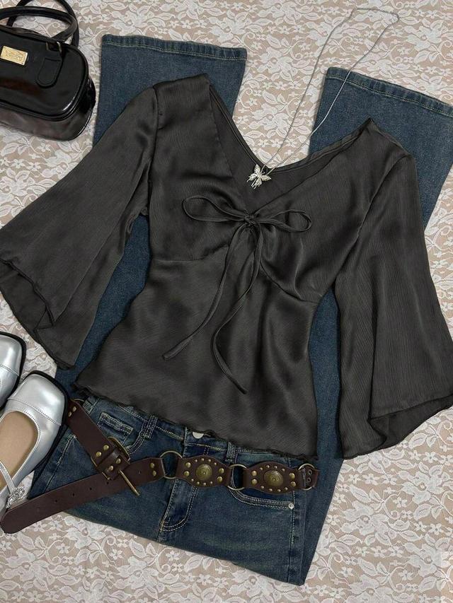 dark grey v-neck tie flare sleeve casual shirt