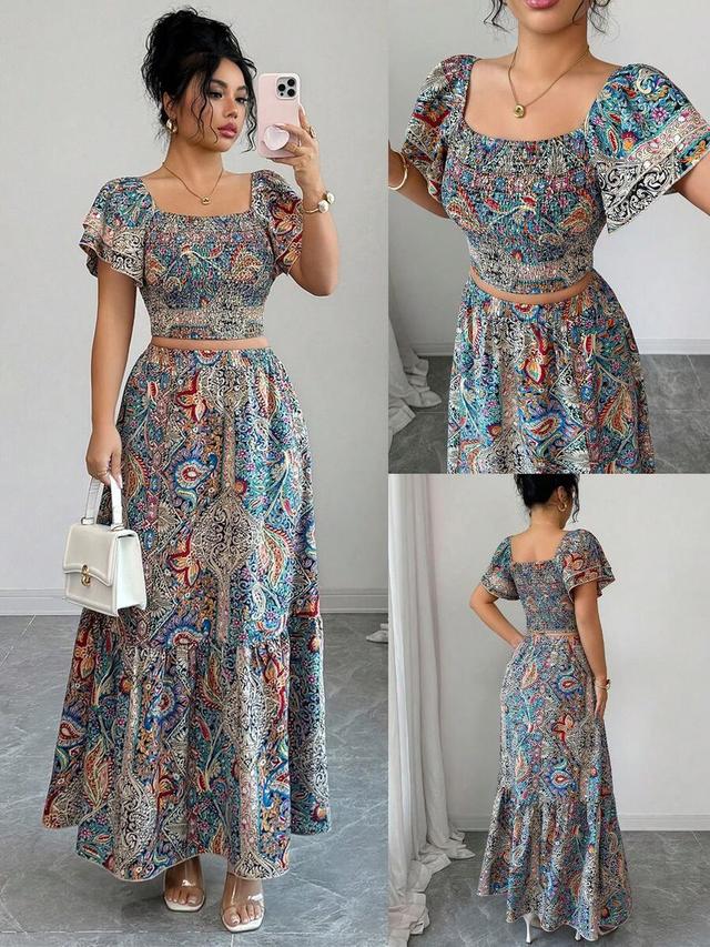 pastel blue paisley print boho ruffle sleeve coord set