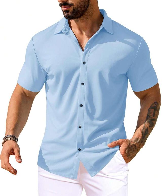 light blue stretch short sleeve button down shirt