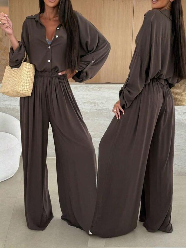 solid brown button-up shirt and loose trousers set
