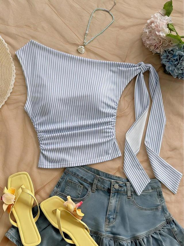 blue and white striped asymmetric tie-up vacation top