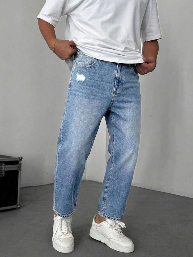 men's light blue washed indigo denim straight leg jeans