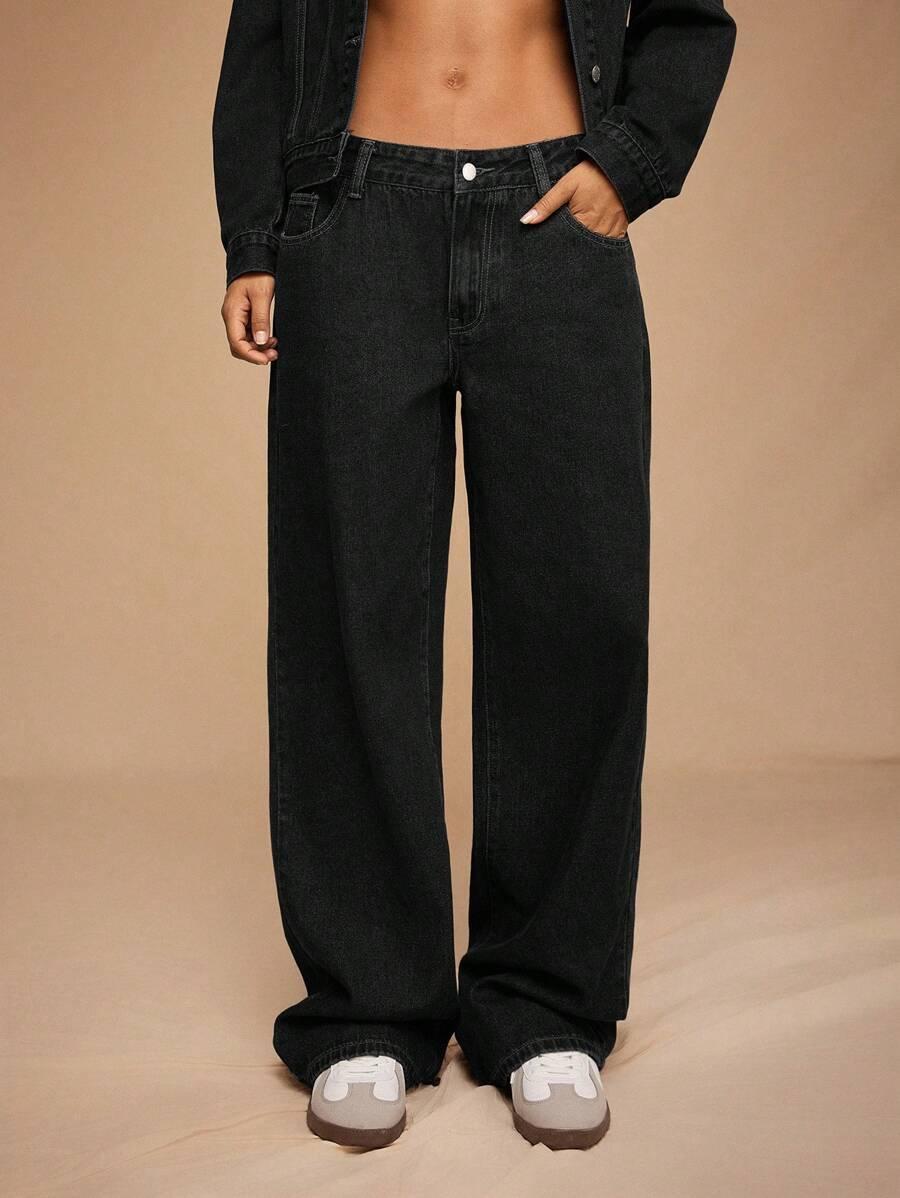 casual washed dark blue straight leg low waist jeans