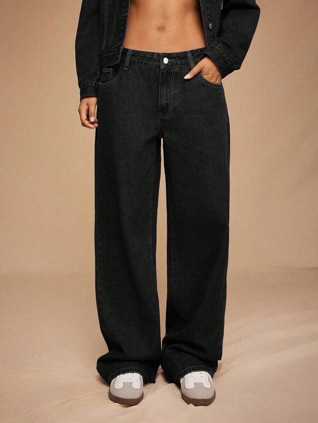 casual washed dark blue straight leg low waist jeans