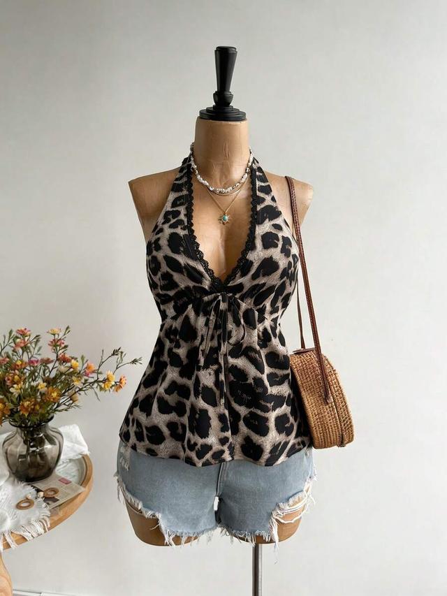 bohemian leopard print v-neck backless camisole top