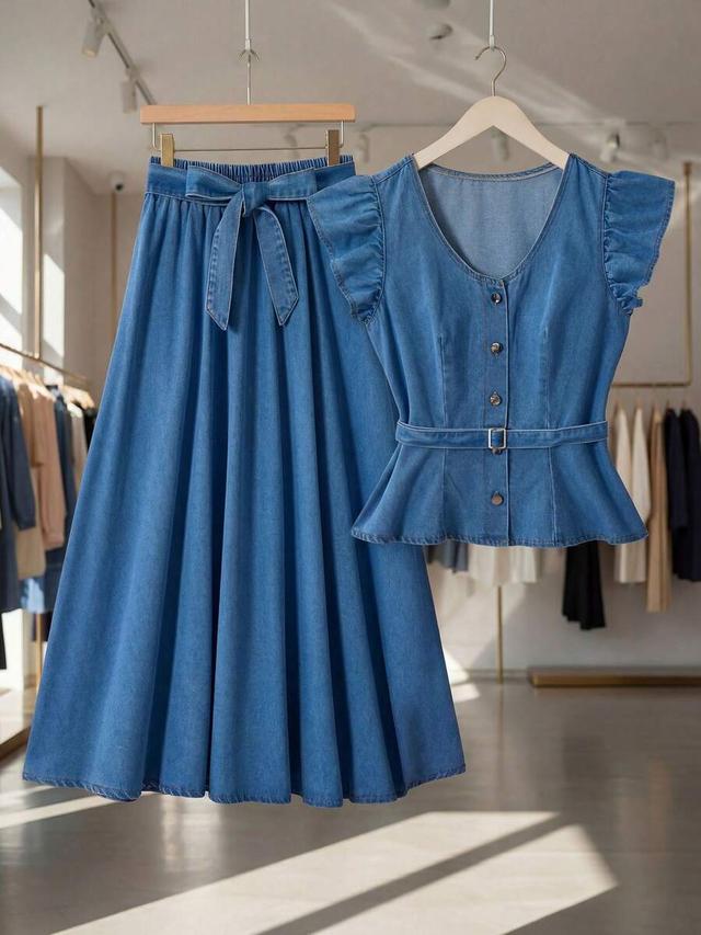 gloweve women's single-breasted casual denim blouse with flutter sleeves