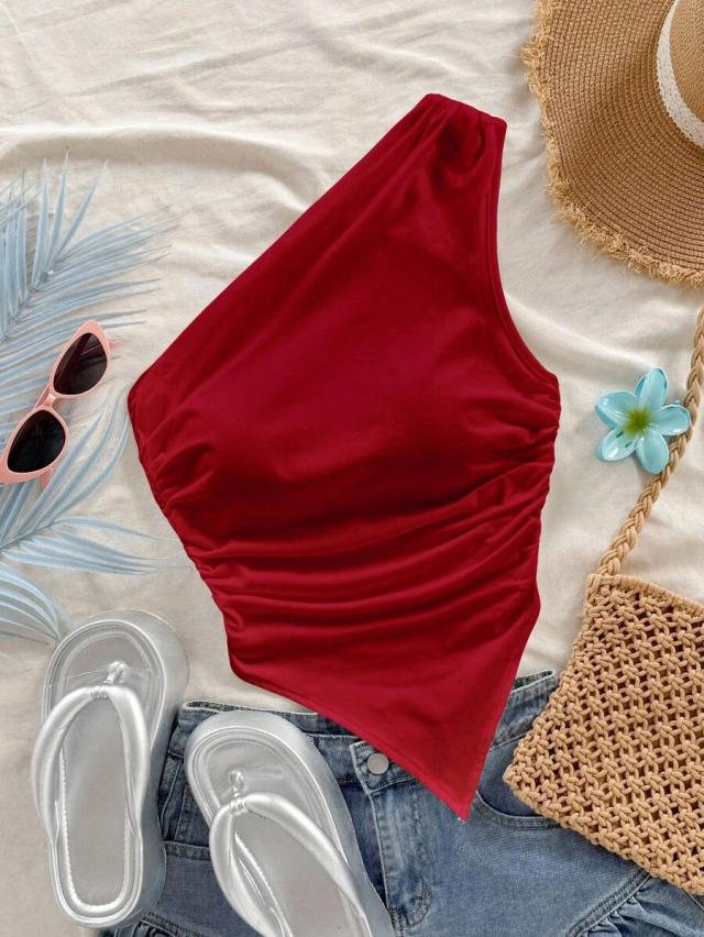 soleia red asymmetric hem shoulder-revealing blouse