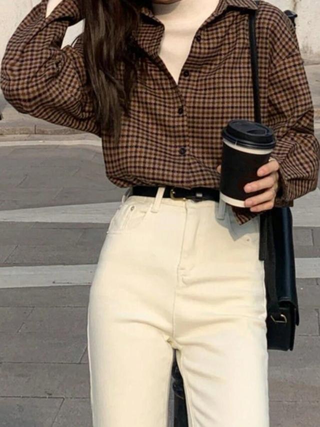 women's brown plaid drop shoulder casual commuter shirt