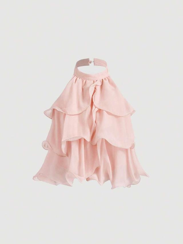 baby pink multi-layered ruffle halter crop top