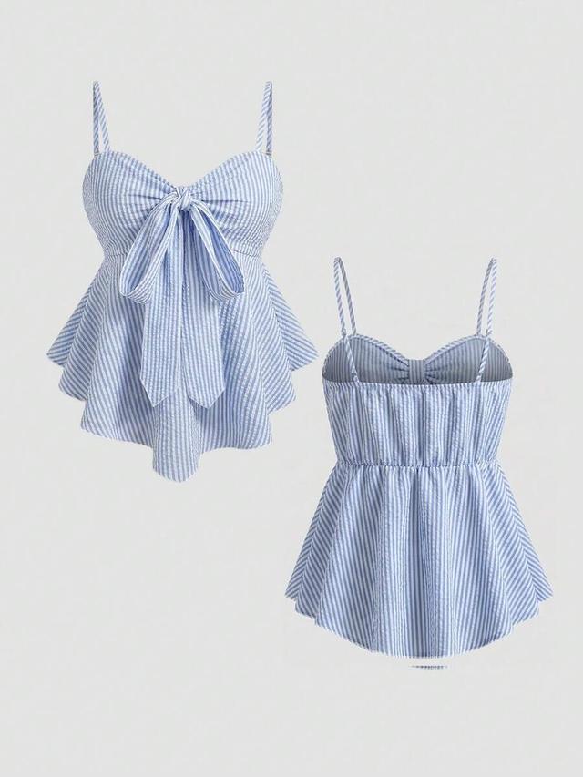 blue white striped ruched bustier cami top