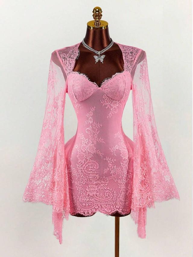 romantic pink lace sheer flare sleeve mini dress