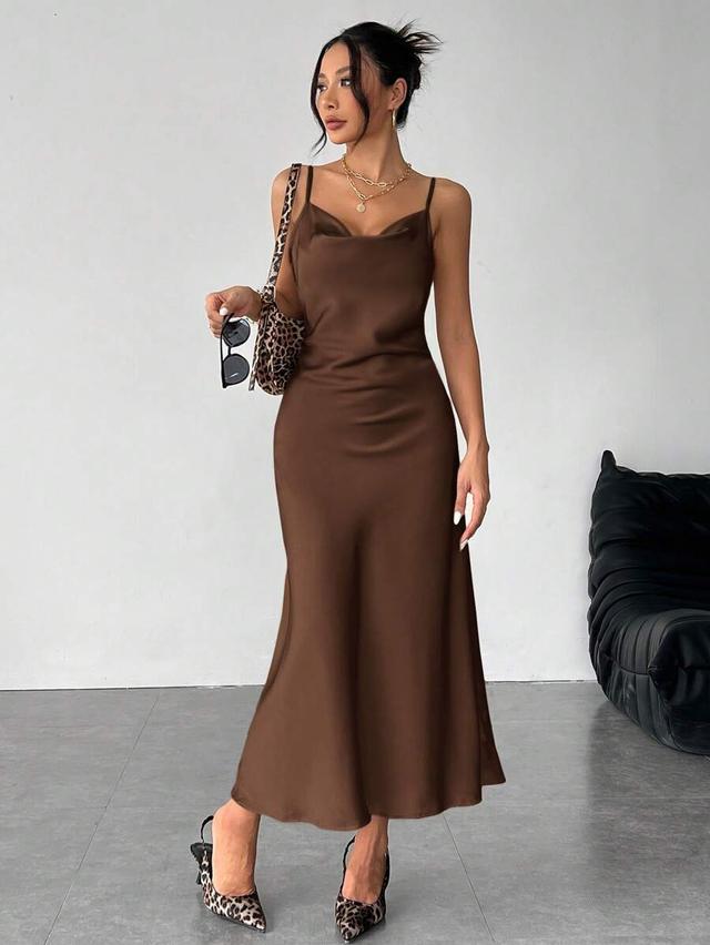 solid brown satin swing collar cami midi dress