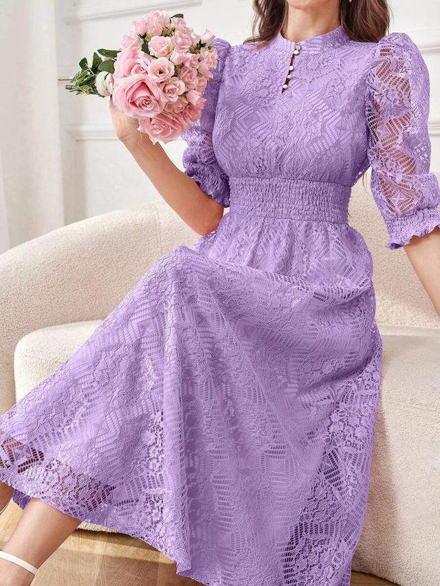 lavender lace midi dress with puff sleeves
