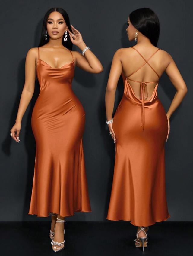 Rust Brown Satin Maxi Dress with Cross Back