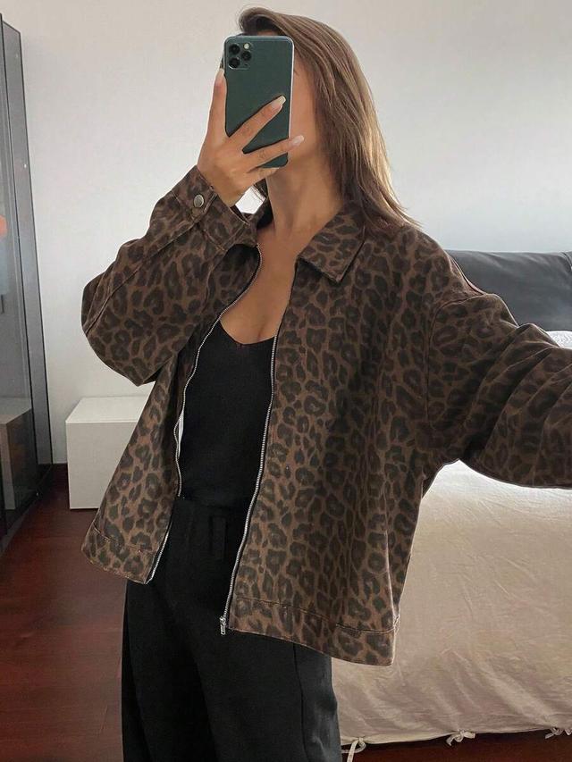 leopard print cotton denim zip-up jacket