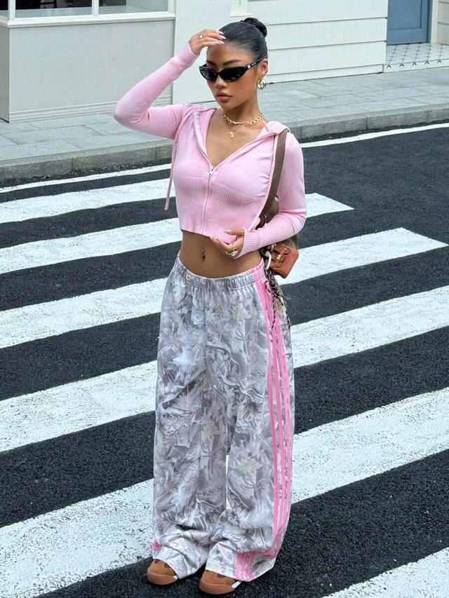 patterned women's elastic waist branch print patchwork loose sports sweatpants