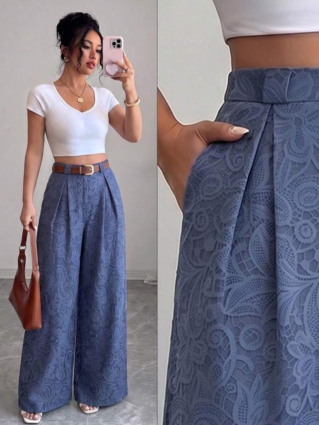 high-waist blue floral lace skorts with belt
