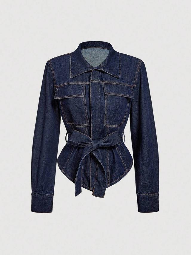 casual commuter dark wash denim jacket with belt