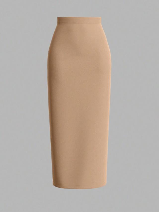 beige high waist pencil midi skirt