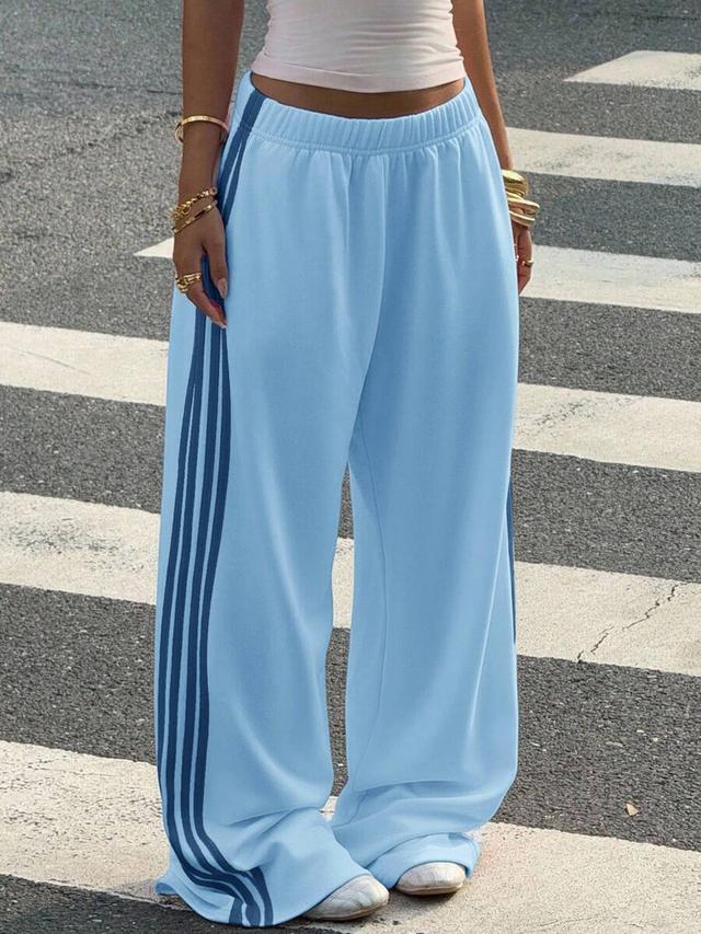 light blue knit wide leg sweatpants with navy ribbon