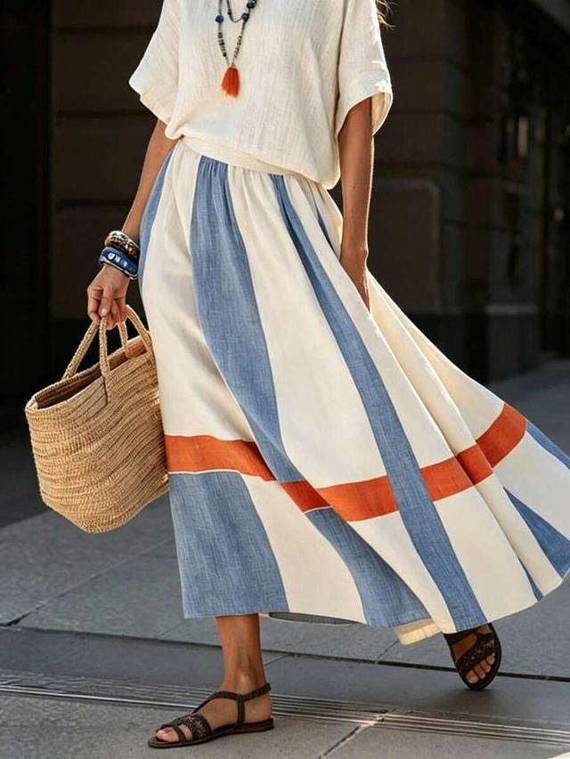 beige linen breezaya women's casual colorblock elastic waist summer skirt