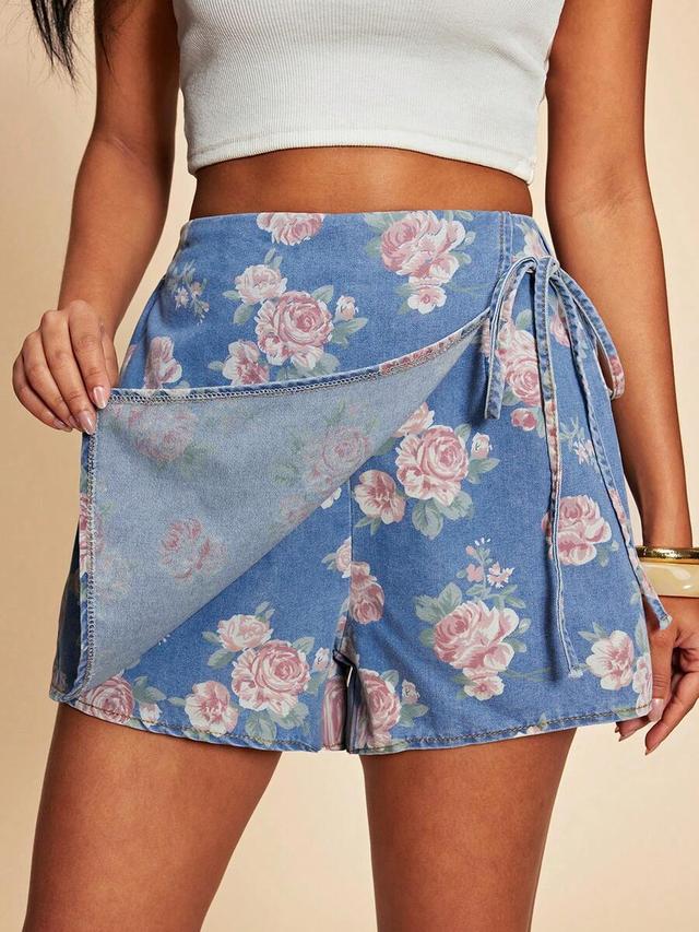travachic women's blue denim floral print skort