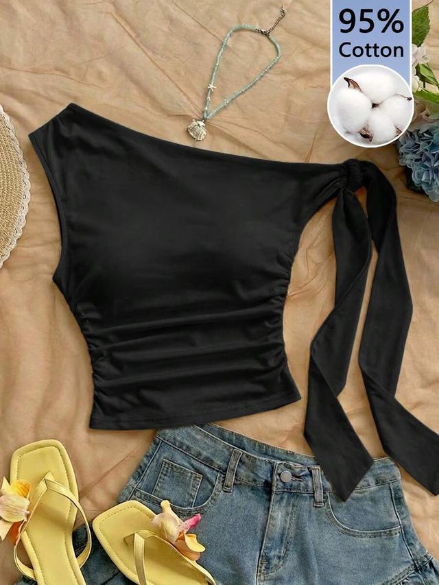 soleia 95% cotton asymmetrical shoulder vacation top black