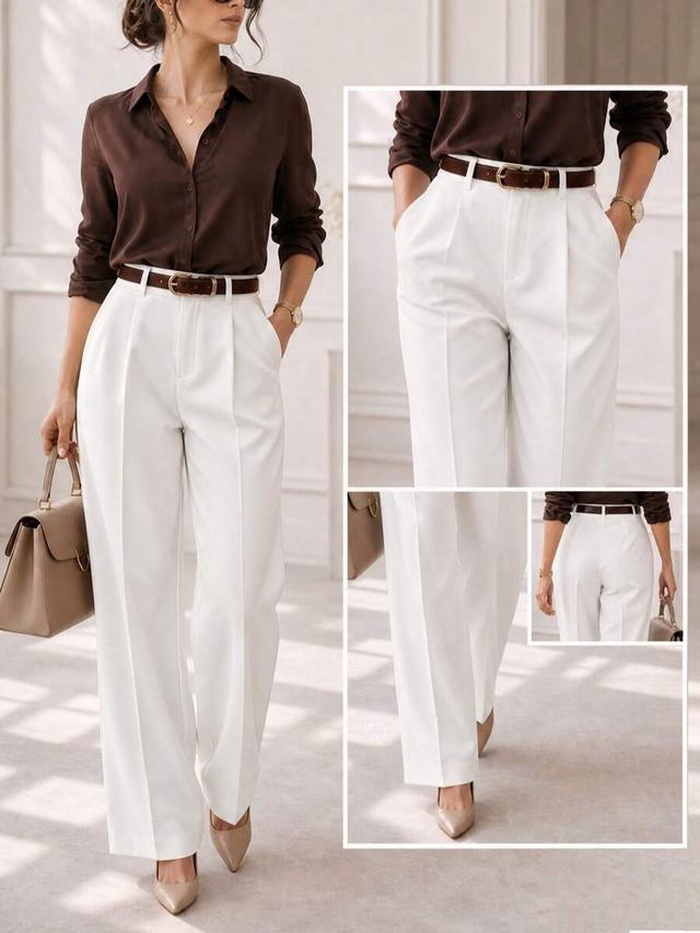 brown elegant white high-waisted pleated straight leg pants
