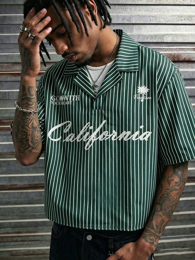 green striped casual short sleeve shirt