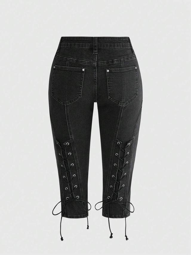 black denim shorts with grommet lace-up design