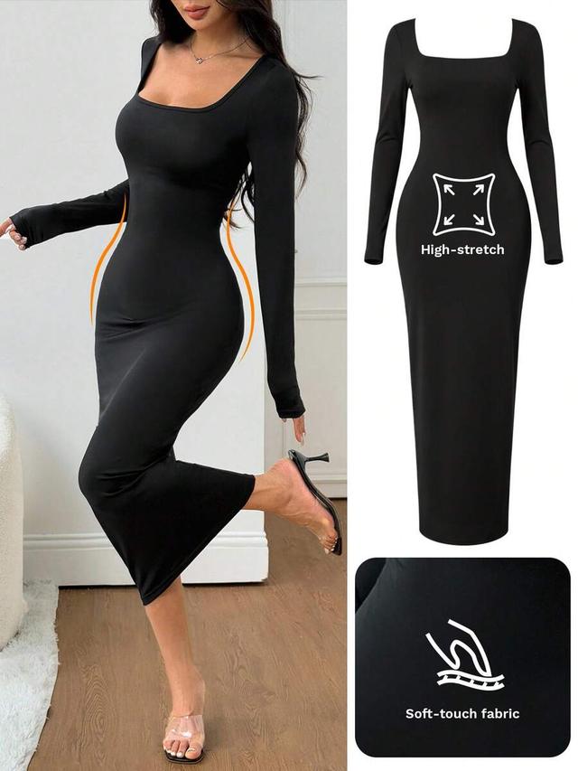 black square neck long sleeve bodycon midi dress