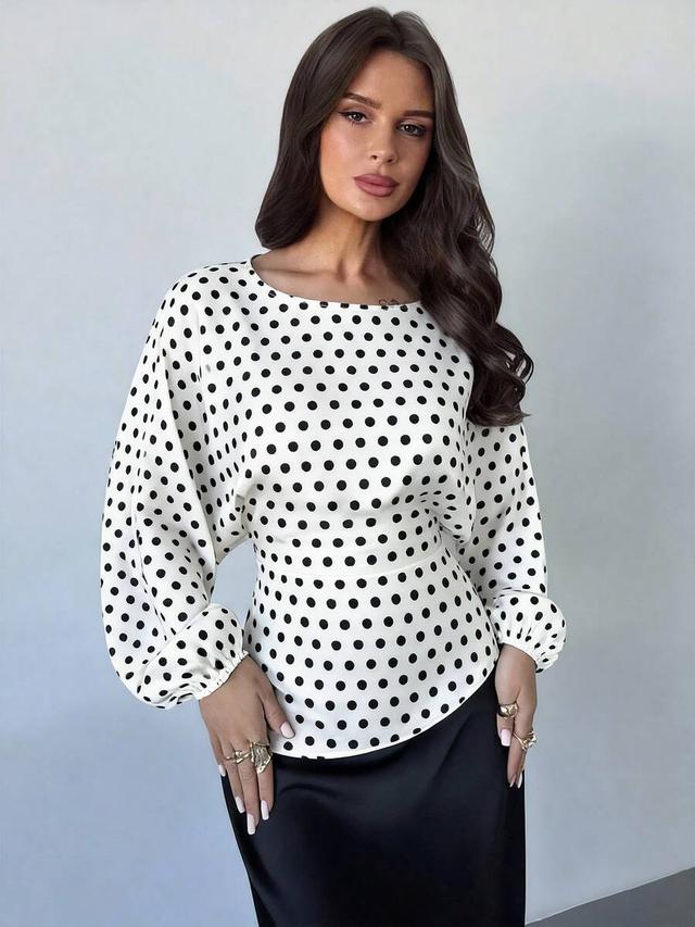 elegant white polka dot batwing blouse with tie-waist
