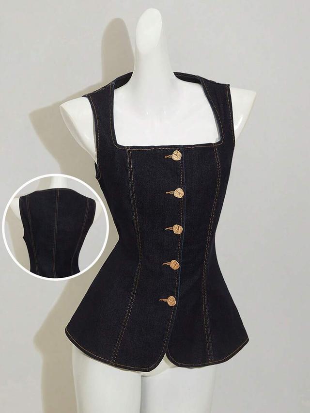 navy blue denim square neck button up vest