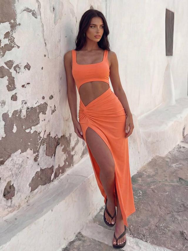 orange cut out twist front split thigh dress