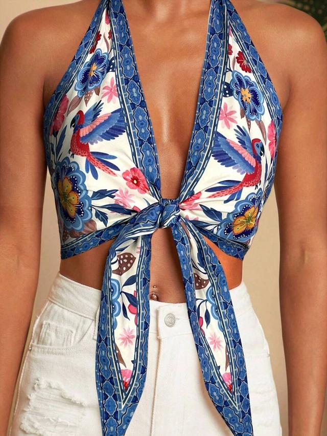 travachic boho floral print halter tie front top