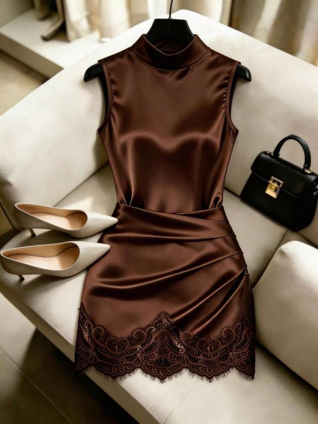 chocolate brown satin sleeveless dress with lace hem