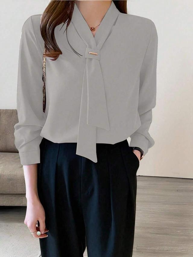 women's simple solid color tie-neck business casual blouse
