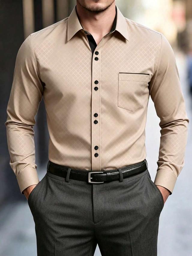 beige diamond patterned long sleeve button-up shirt