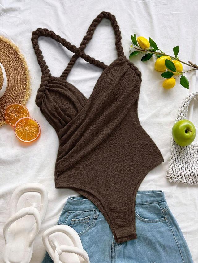 dark brown textured bodysuit with braided straps