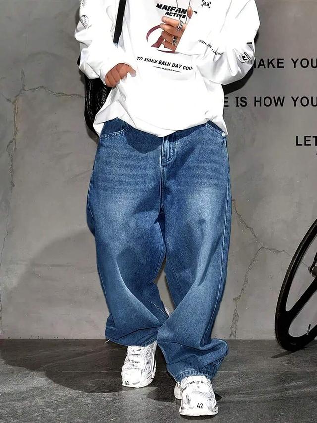 men's casual loose fit blue denim jeans