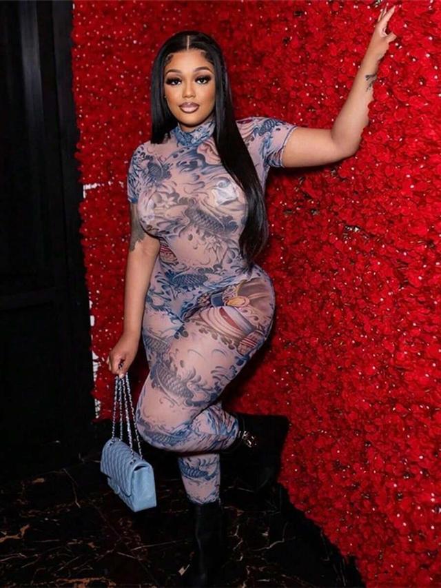 oriental dragon koi fish print mesh bodycon jumpsuit